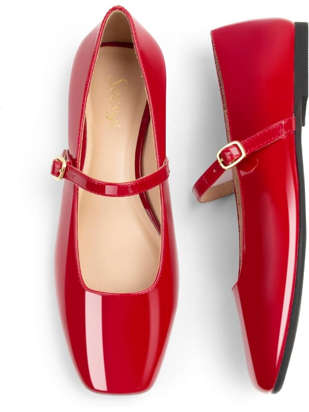🆕Women's Red Square Toe Mary Jane Flats Patent Leather Buckle Dress Shoes